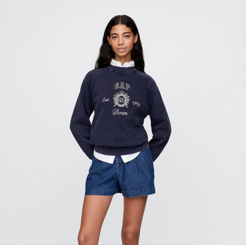 Gap × DÔEN Women's Oversized Navy Blue Vintage Soft Logo Sweatshirt Sz XXS NWT